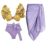 Ruffle Swimsuit Bikini with Yellow Flowers High Waist Skirt